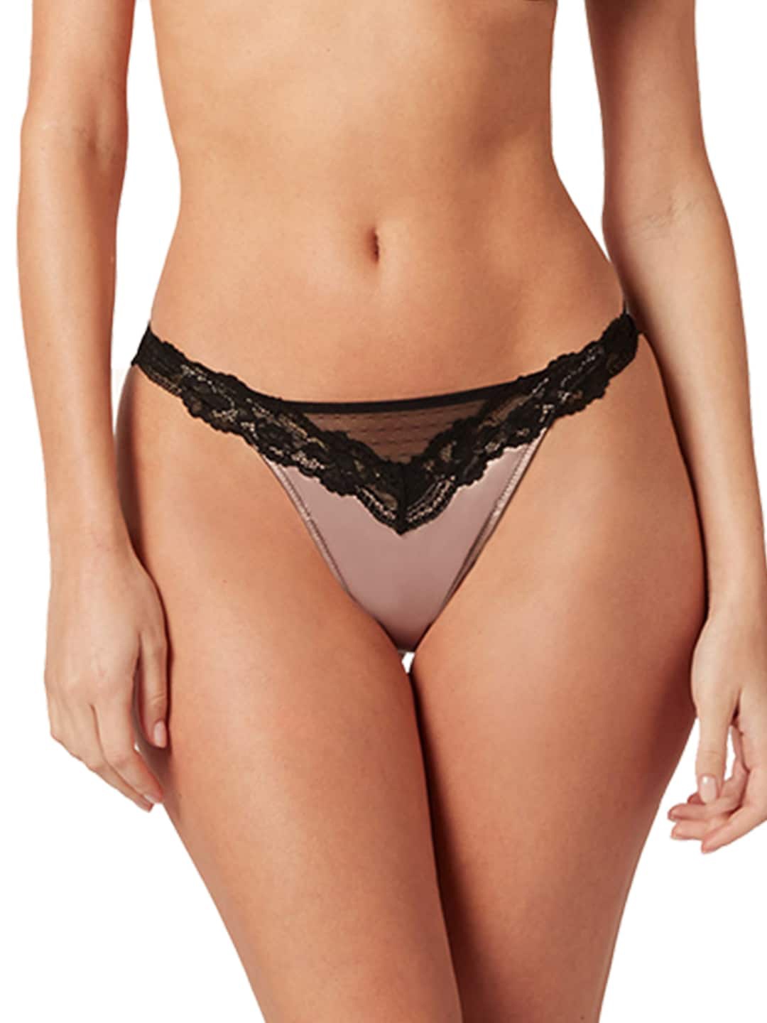 

YAMAMAY Women Self Design Lace Thong Briefs, Black