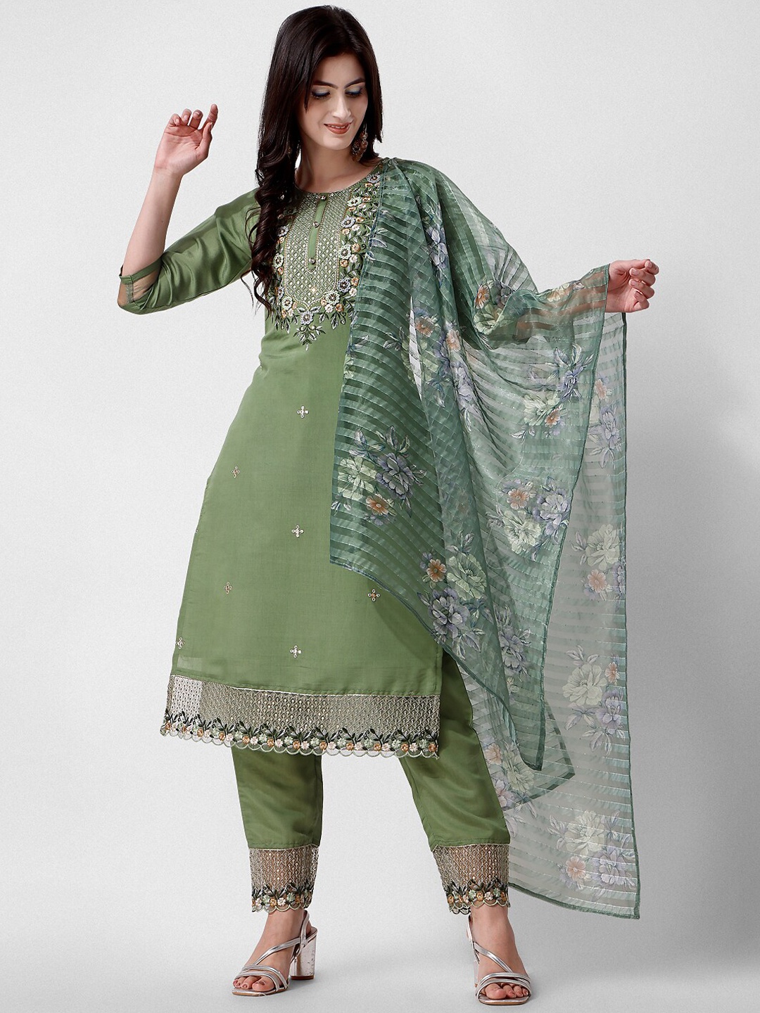 

Berrylicious Floral Embroidered Thread Work Chanderi Cotton Kurta With Trousers & Dupatta, Green