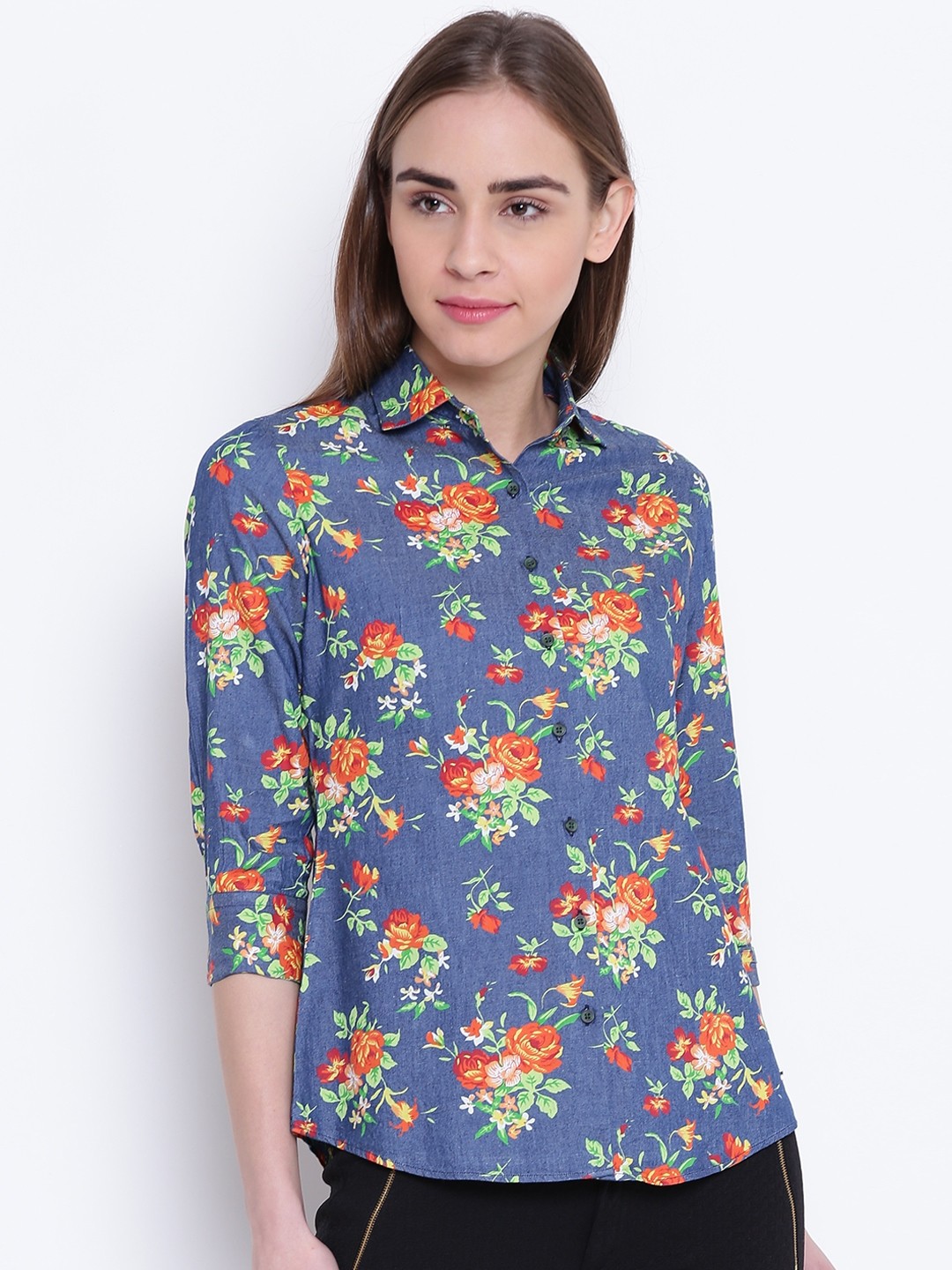 

Park Avenue Woman Blue & Orange Regular Fit Floral Print Casual Shirt