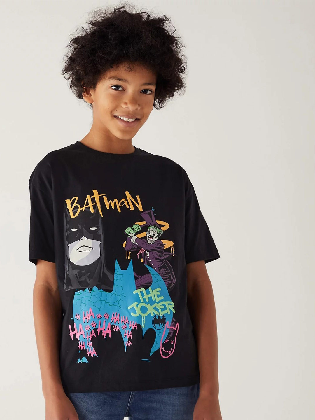 

Marks & Spencer Boys Batman & Joker Printed Drop Shoulder sleeves Pure Cotton T-shirt, Black
