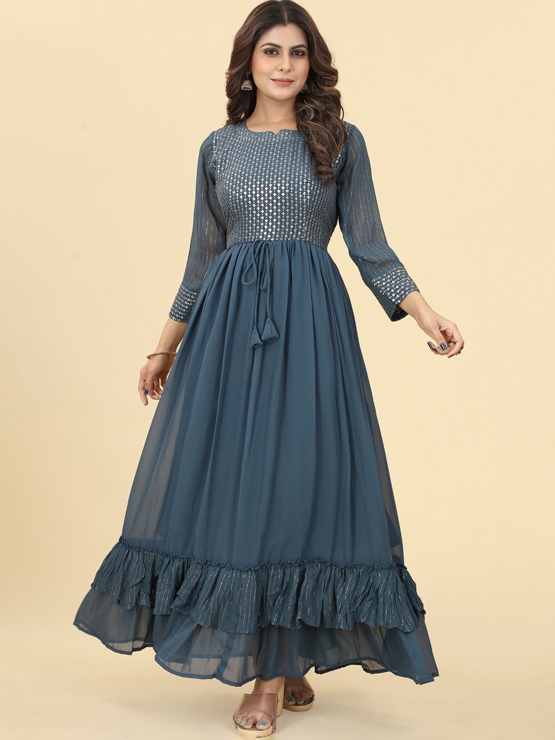 

KALINI Grey Embellished Maxi Georgette Ethnic Dresses