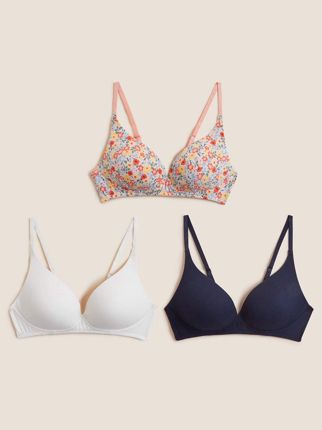 

Marks & Spencer Pack of 3 Lightly Padded Non-Wired Medium Coverage Cotton T-shirt Bra, Navy blue