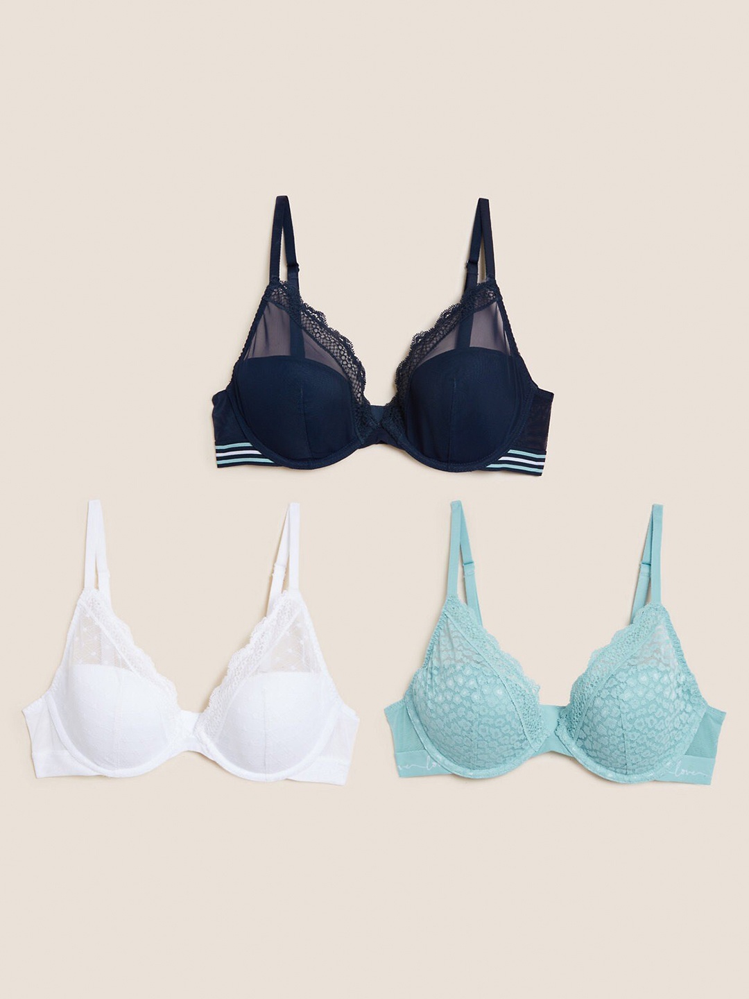 

Marks & Spencer Pack Of 3 Underwired Lightly Padded All Day Comfort Lace Plunge Bra, Black