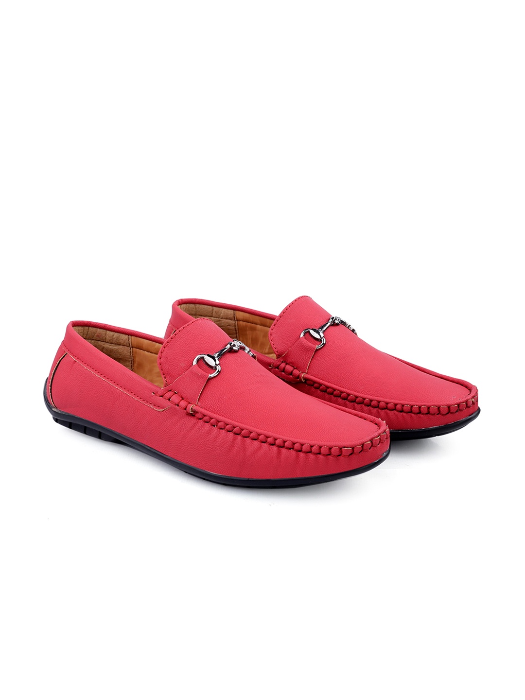 

Bxxy Men Embellished Round Toe Horsebit Loafers, Red