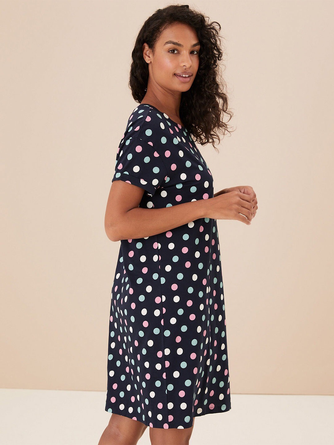 

Marks & Spencer Polka Dots Printed Pure Cotton Nightdress, Navy blue