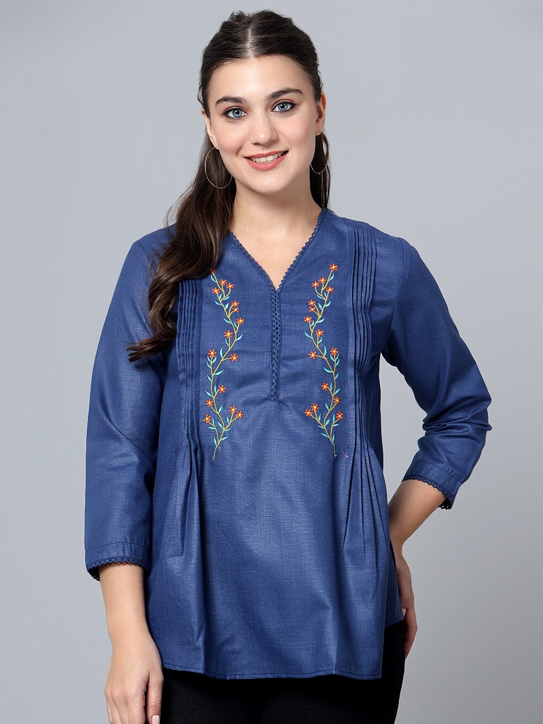 

Bani Women Floral Embroidered Pleated Top, Blue