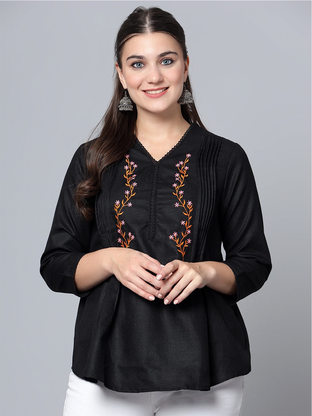 

Bani Women Floral Embroidered Pleated Top, Black