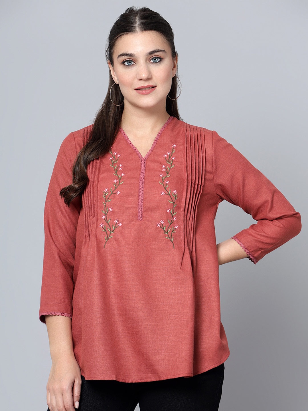 

Bani Women Floral Embroidered Pleated Top, Rust