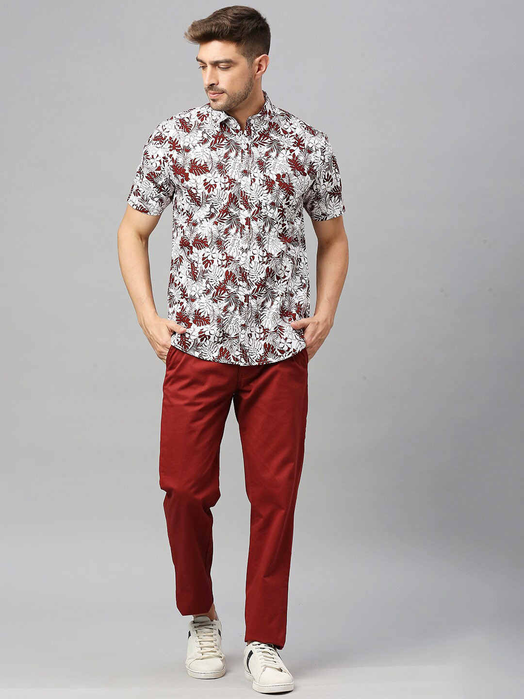 Mast & Harbour White Floral Printed Classic Slim Fit Casual Shirt