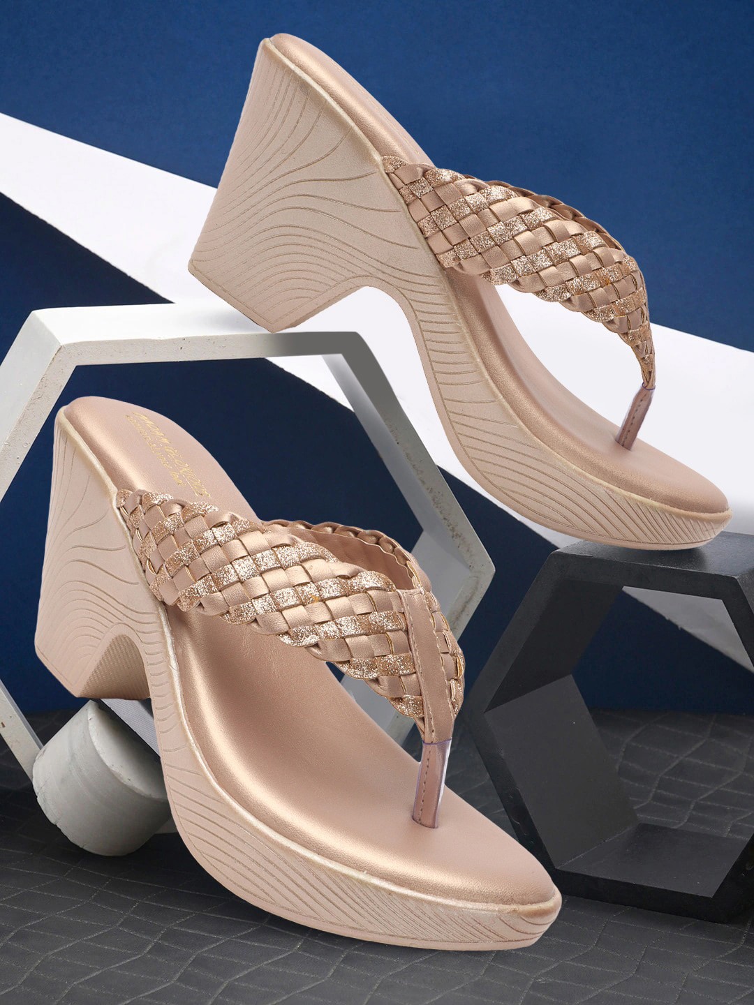 

madam glorious Woven Design Embellished Comfortable Open Toe Block Heels, Rose gold