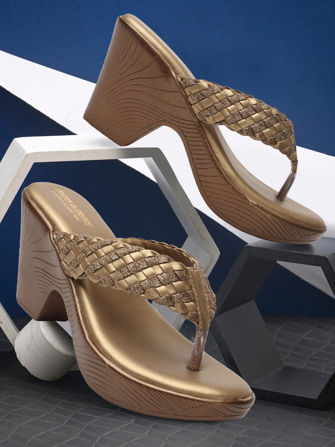 

madam glorious Woven Design Embellished Comfortable Open Toe Block Heels, Copper