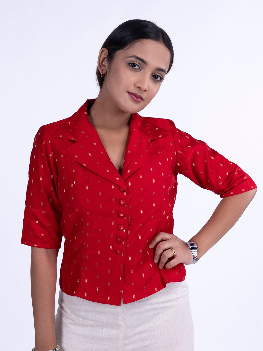

Desi Weavess Shirt Style Top, Red