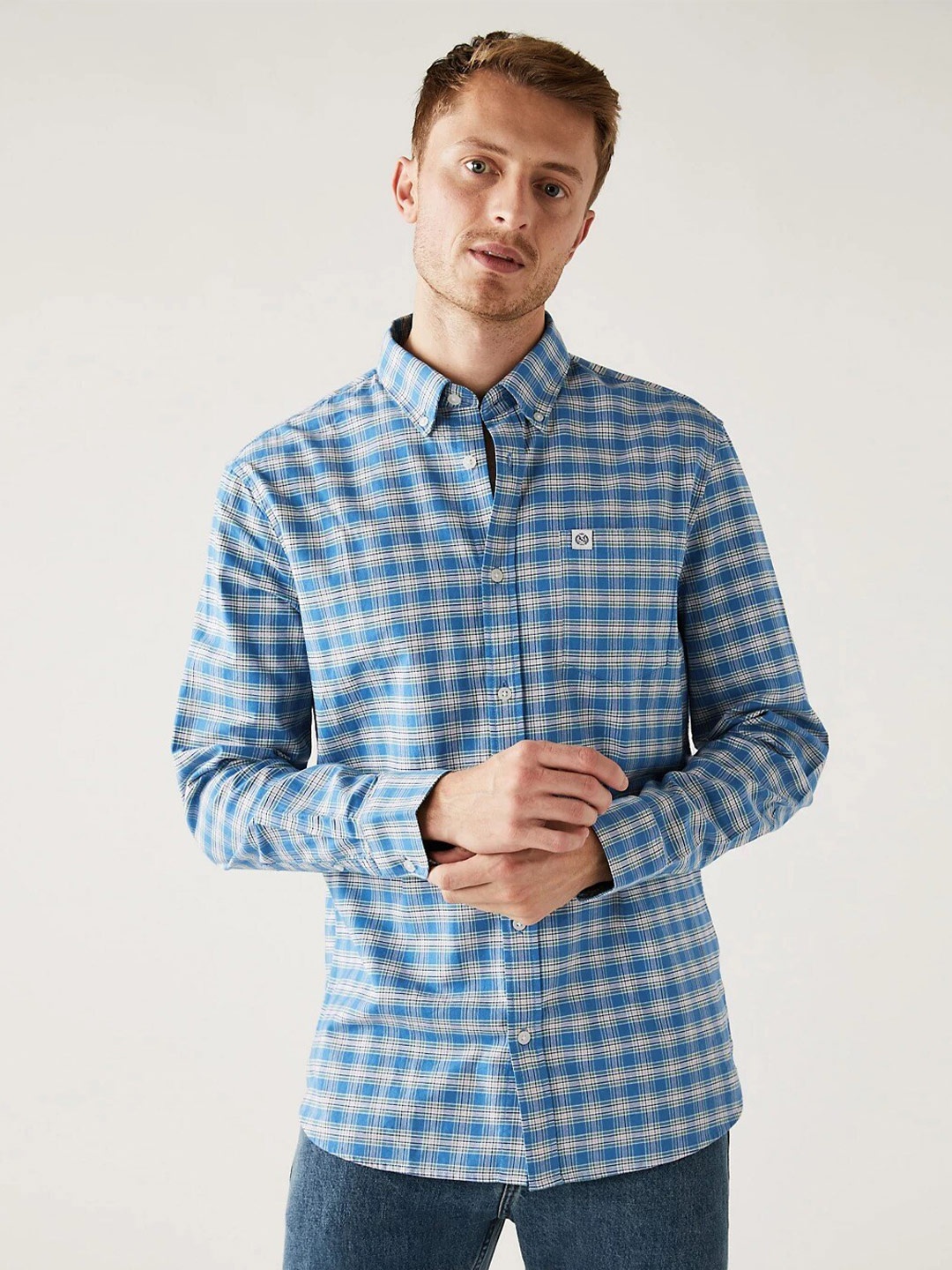 

Marks & Spencer Regular Fit Checked Cotton Casual Shirt, Blue