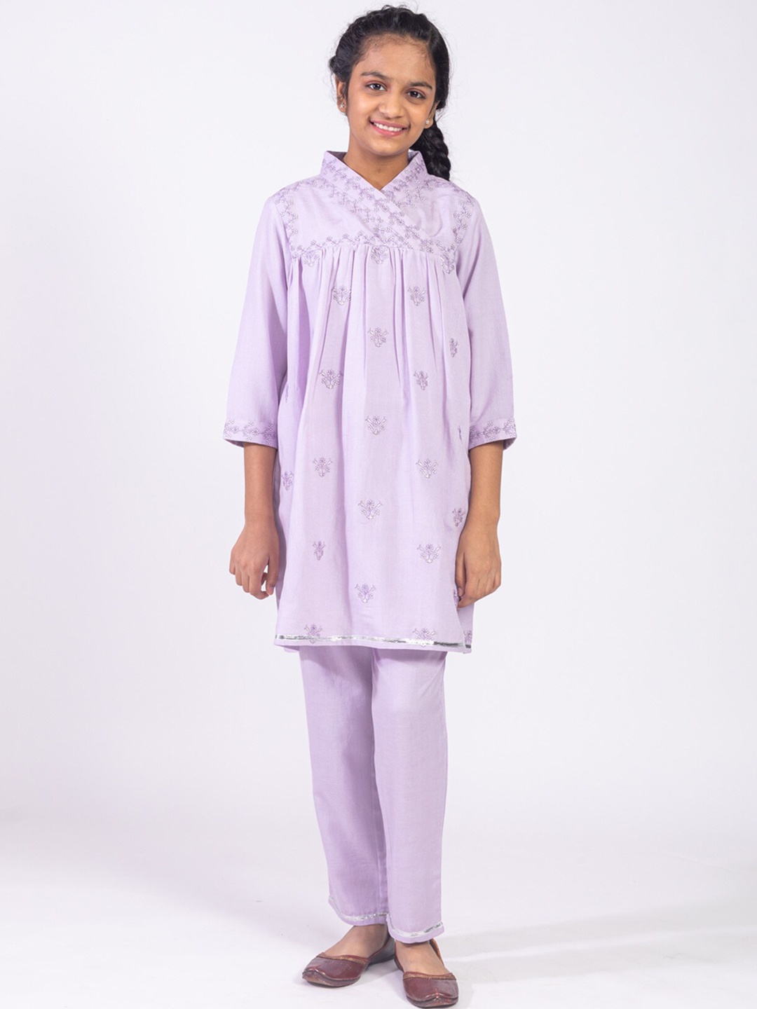 

HERE&NOW Girls Ethnic Motifs Embroidered A-Line Kurta with Trousers, Lavender