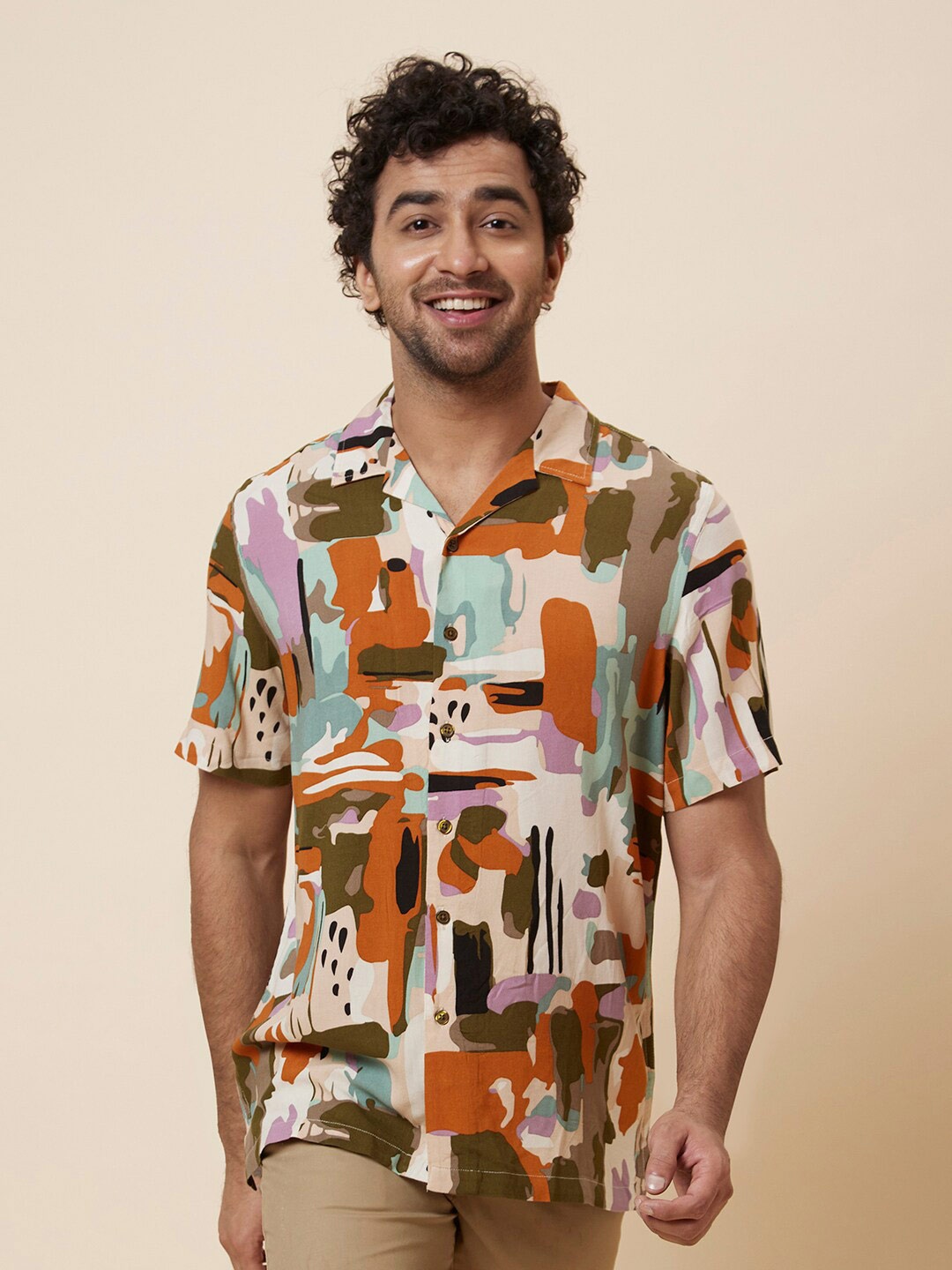 

Globus Multi Coloured Original Printed Notched Lapel Collar Viscose Resort Shirt, Off white
