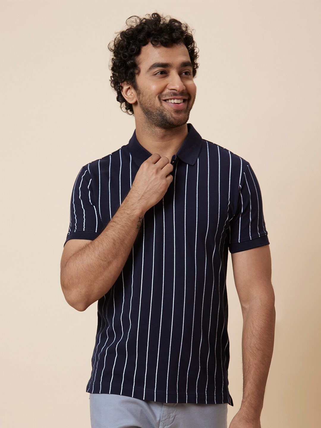 

Globus Navy Blue Striped Polo Collar Pure Cotton T-shirt