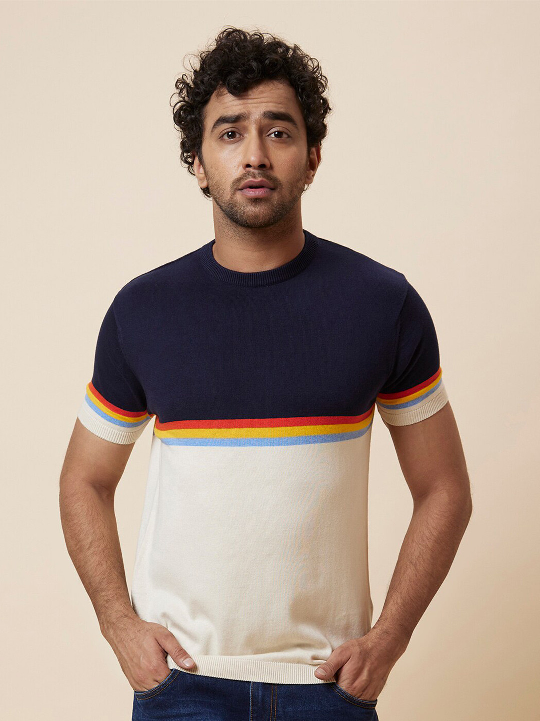 

Globus Off White & Navy Blue Colourblocked Pure Cotton T-shirt