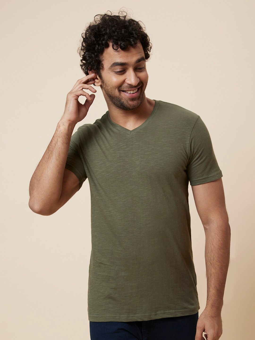 

Globus Olive Green V-Neck Pure Cotton Casual T-Shirt