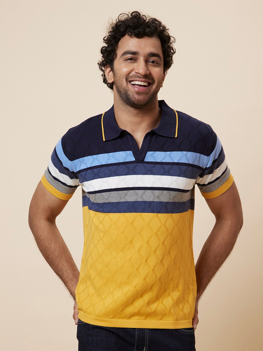 

Globus Yellow, Blue And Navy Blue Horizontal Striped Polo Collar Pure Cotton T-Shirt, Mustard