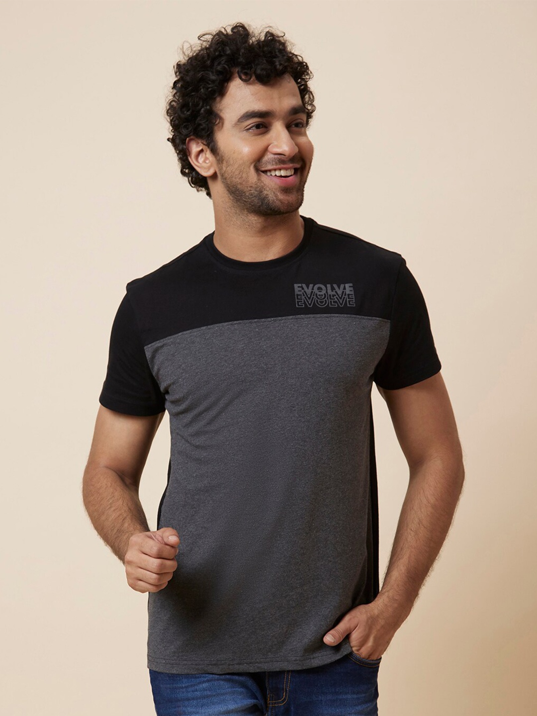 

Globus Black And Grey Colourblocked Pure Cotton Casual T-Shirt