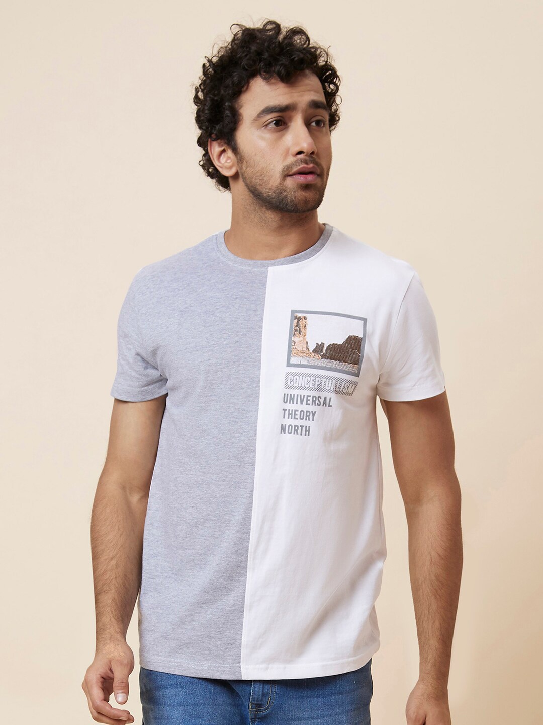 

Globus Grey & White Colourblocked Pure Cotton T-shirt