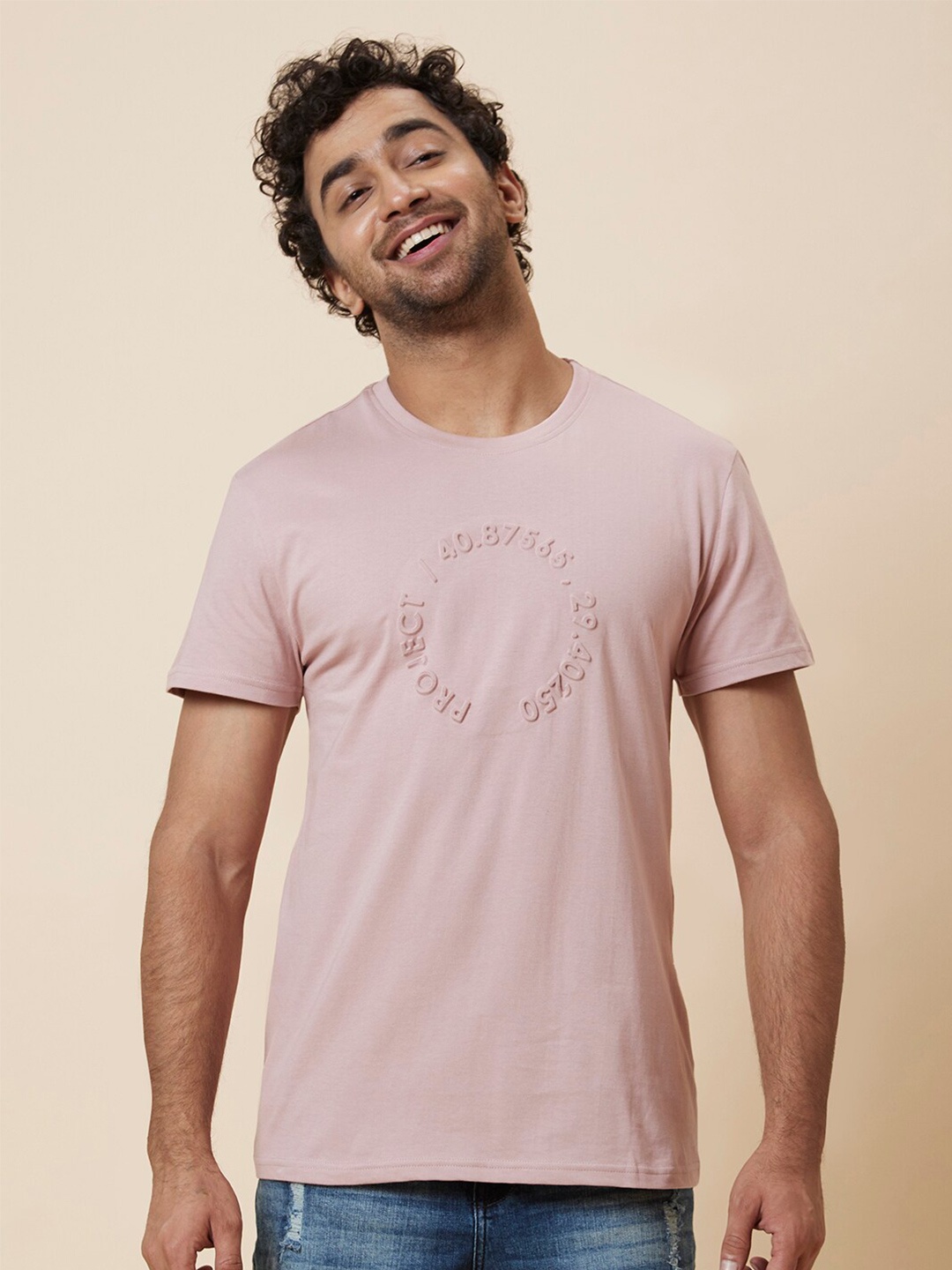 

Globus Dusty Pink Typography Printed Pure Cotton Casual T-Shirt
