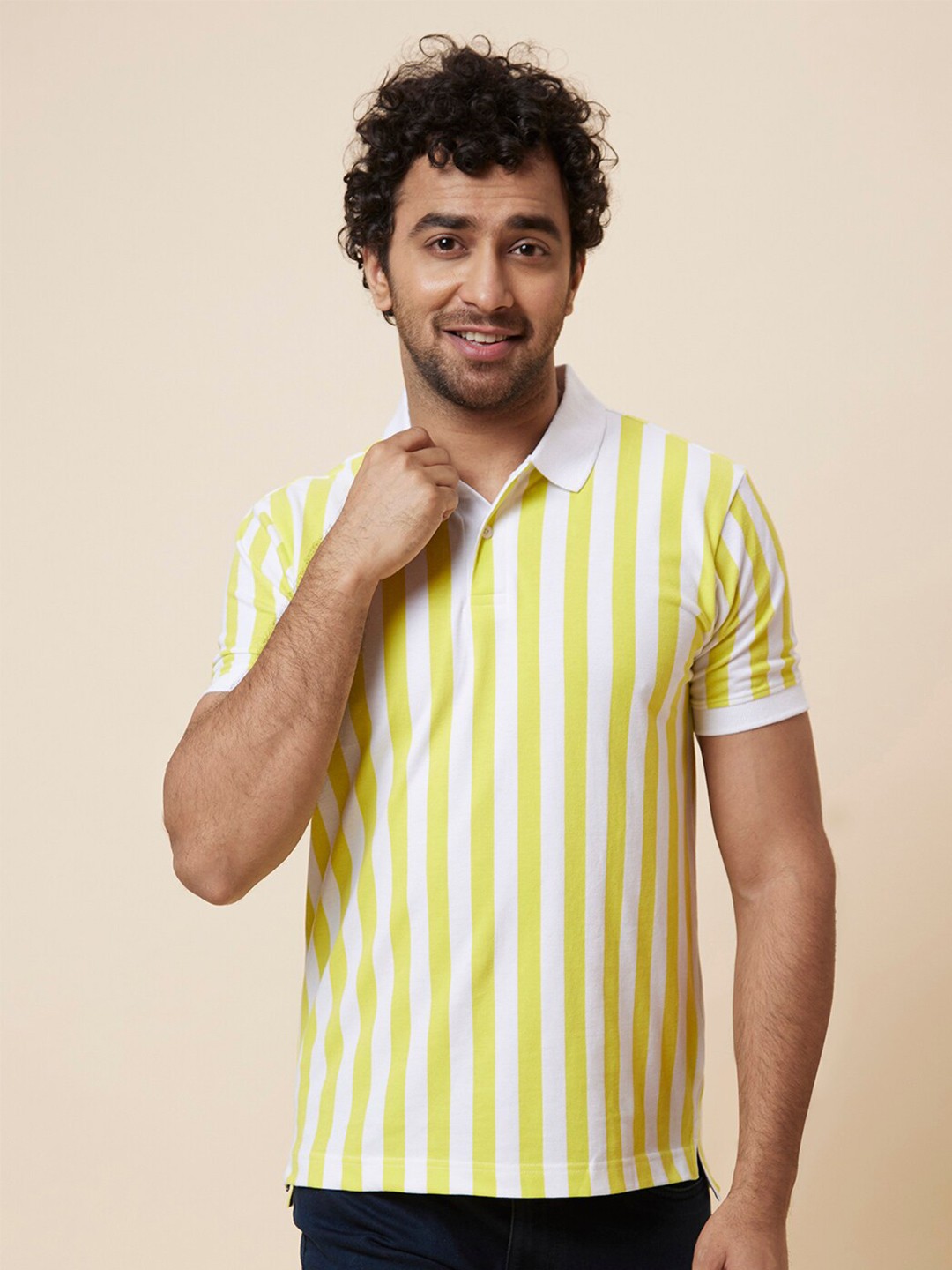 

Globus Yellow & White Striped Polo Collar Pure Cotton T-shirt