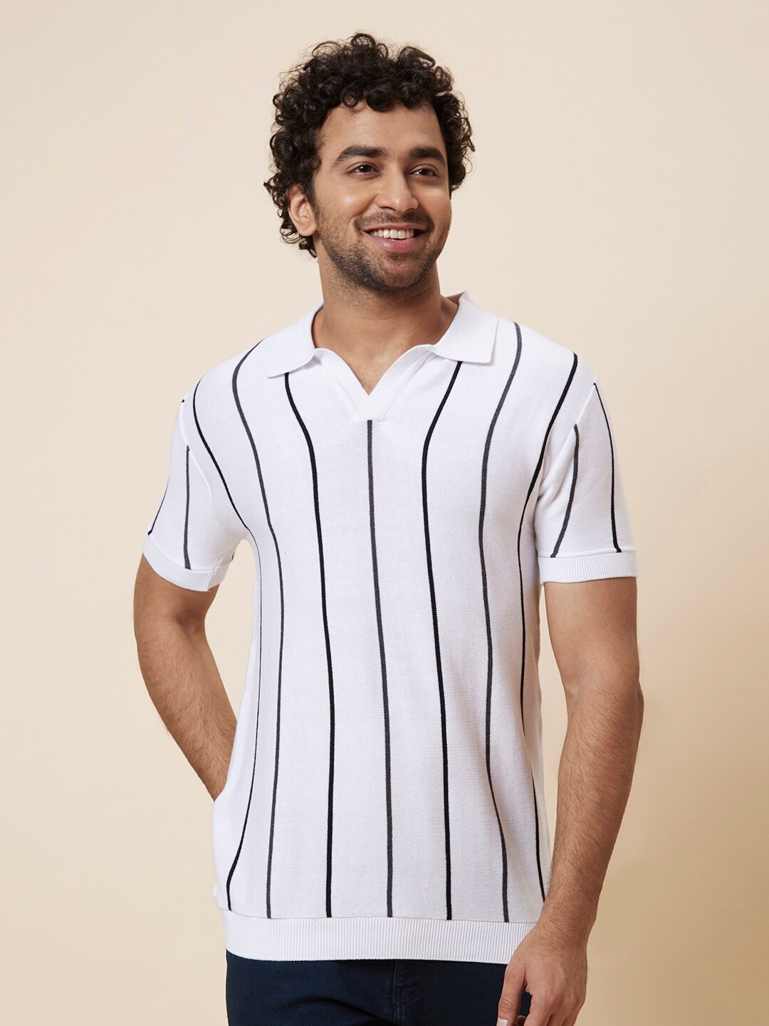 

Globus White & Black Striped Polo Collar Pure Cotton T-shirt