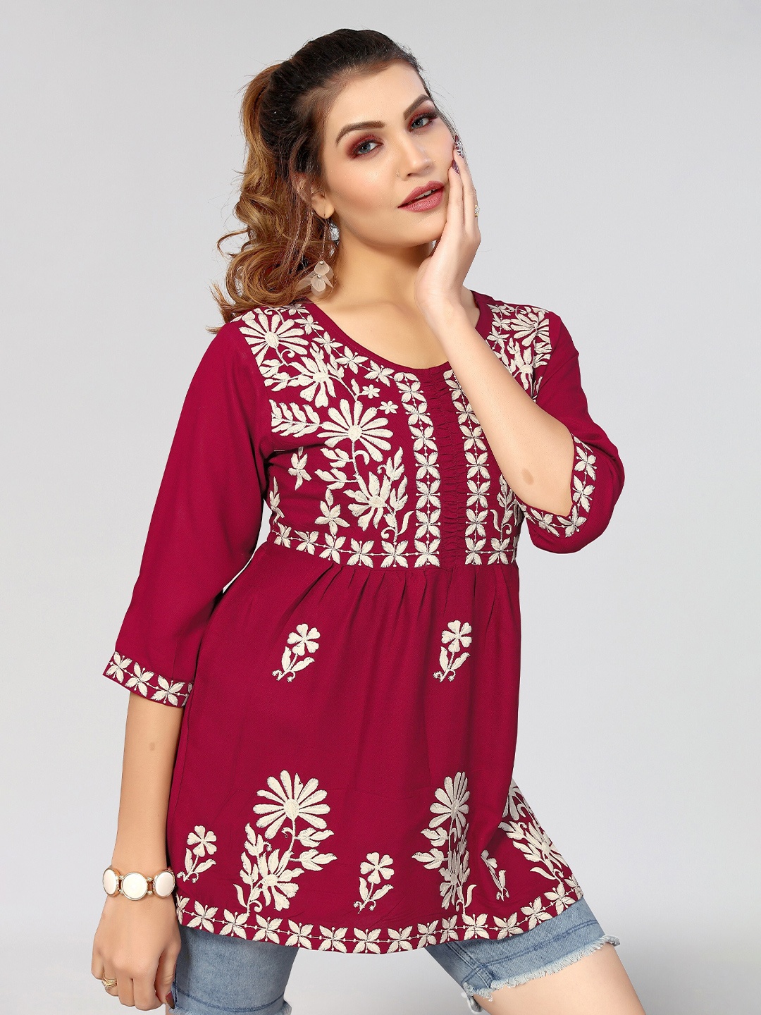 

Winza Designer Floral Embroidered Round Neck Empire Top, Red