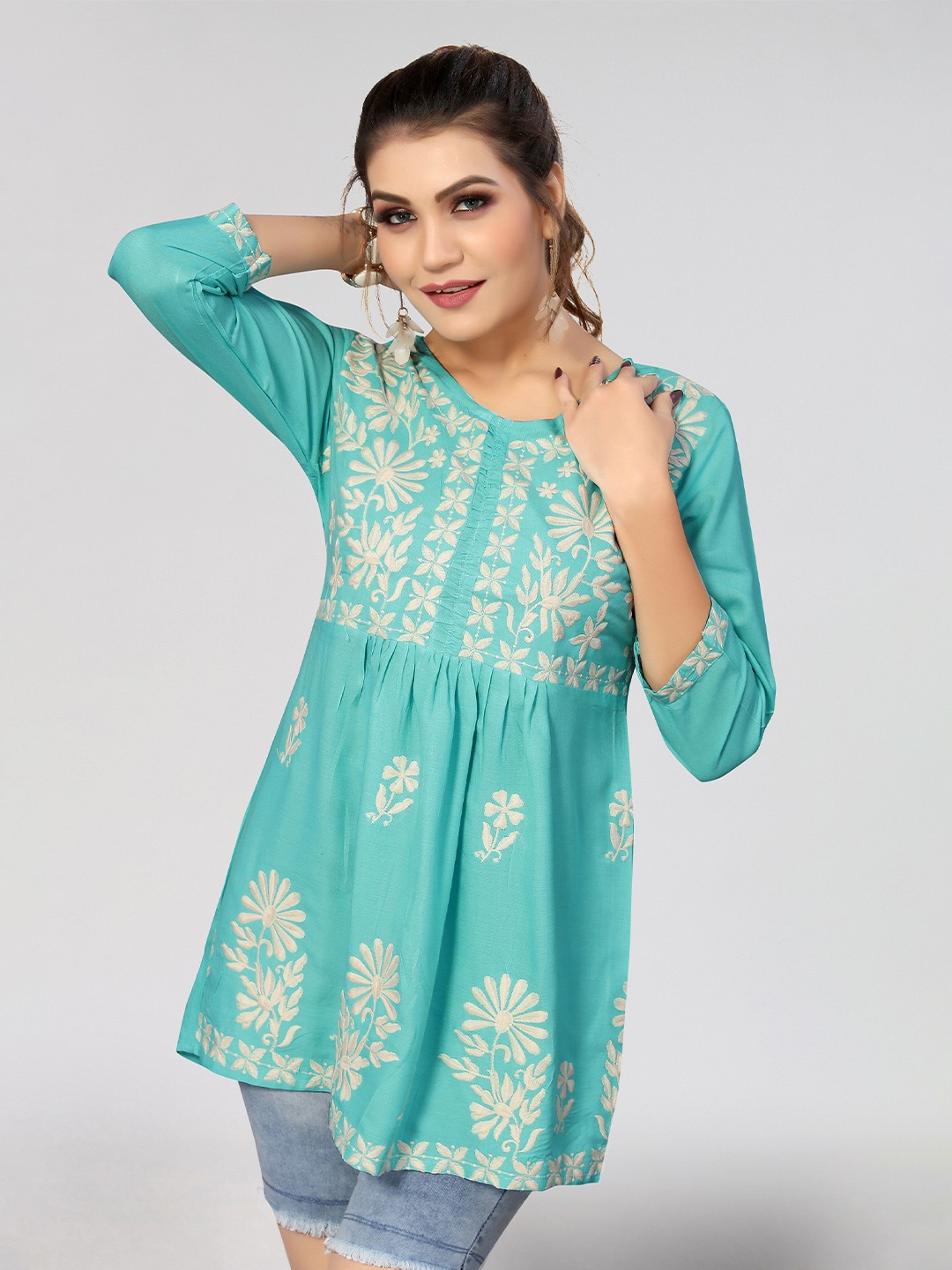 

Winza Designer Floral Embroidered Round Neck Empire Top, Blue