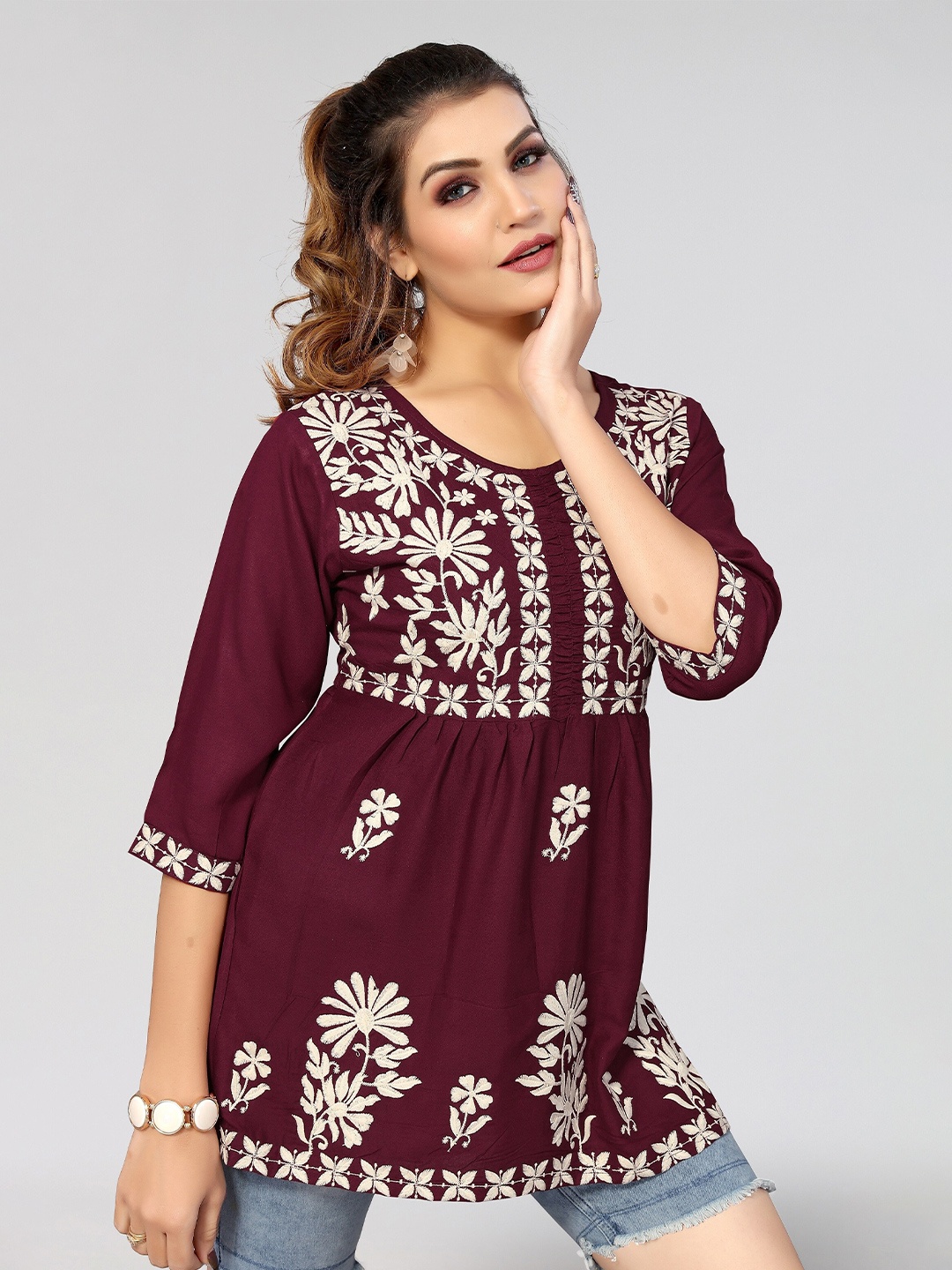 

Winza Designer Floral Embroidered Round Neck Empire Top, Maroon
