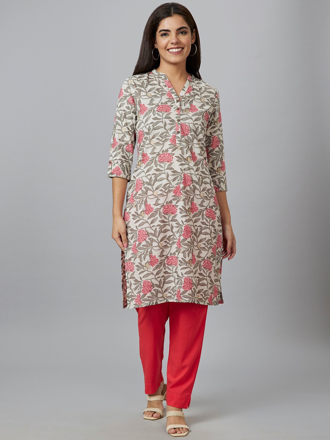 

Globus Off White & Pink & green Floral Printed Pure Cotton Straight Kurta