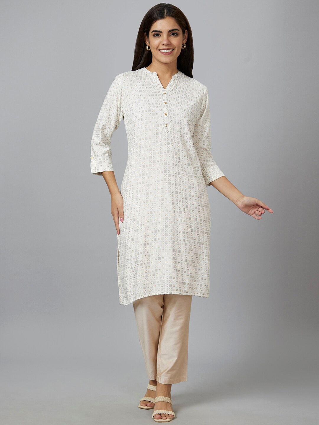 

Globus Off White & Gold Toned Geometric Printed Straight Kurta