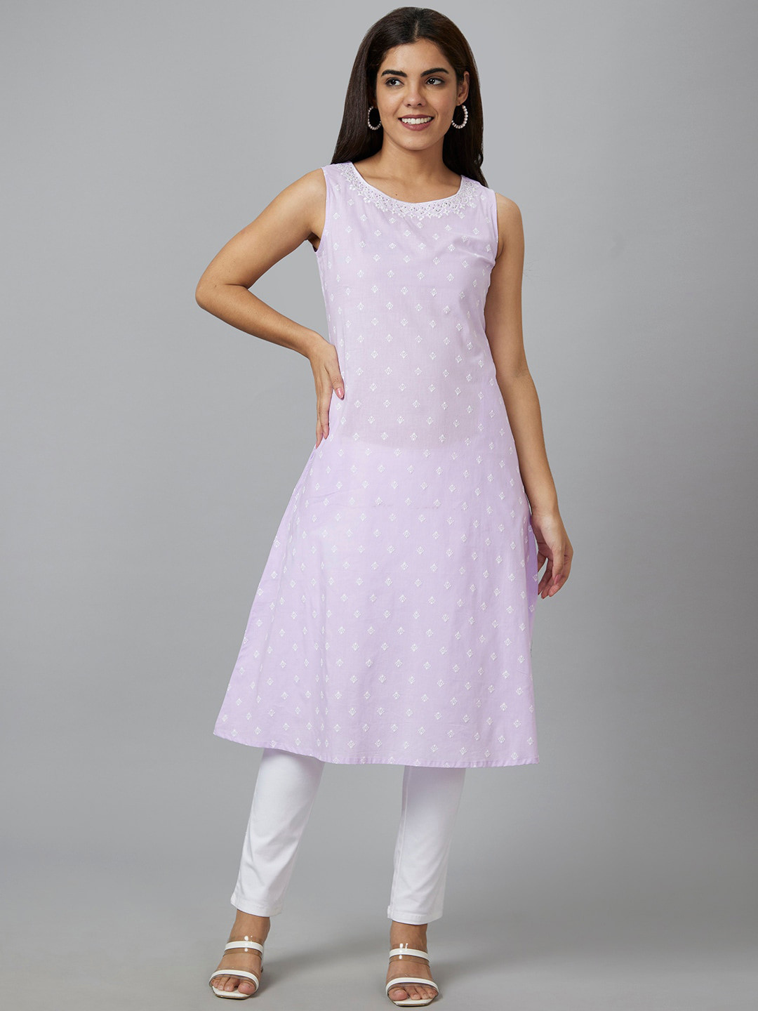 

Globus Ethnic Motifs Printed Sleeveless Sequinned Pure Cotton A-Line Kurta, Lavender