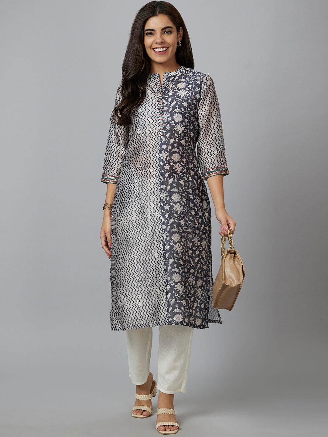 

Globus Charcoal & Grey Floral Printed Mandarin Collar Straight Kurta