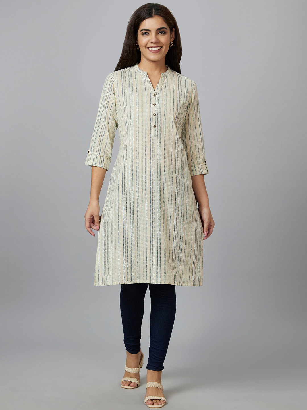 

Globus Off White Striped Mandarin Collar Pure Cotton Straight Kurta