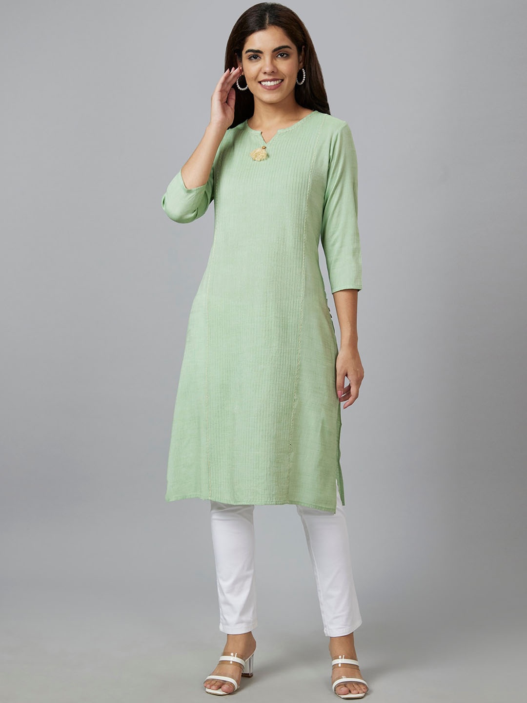 

Globus Green Striped Notched Neck Straight Kurta