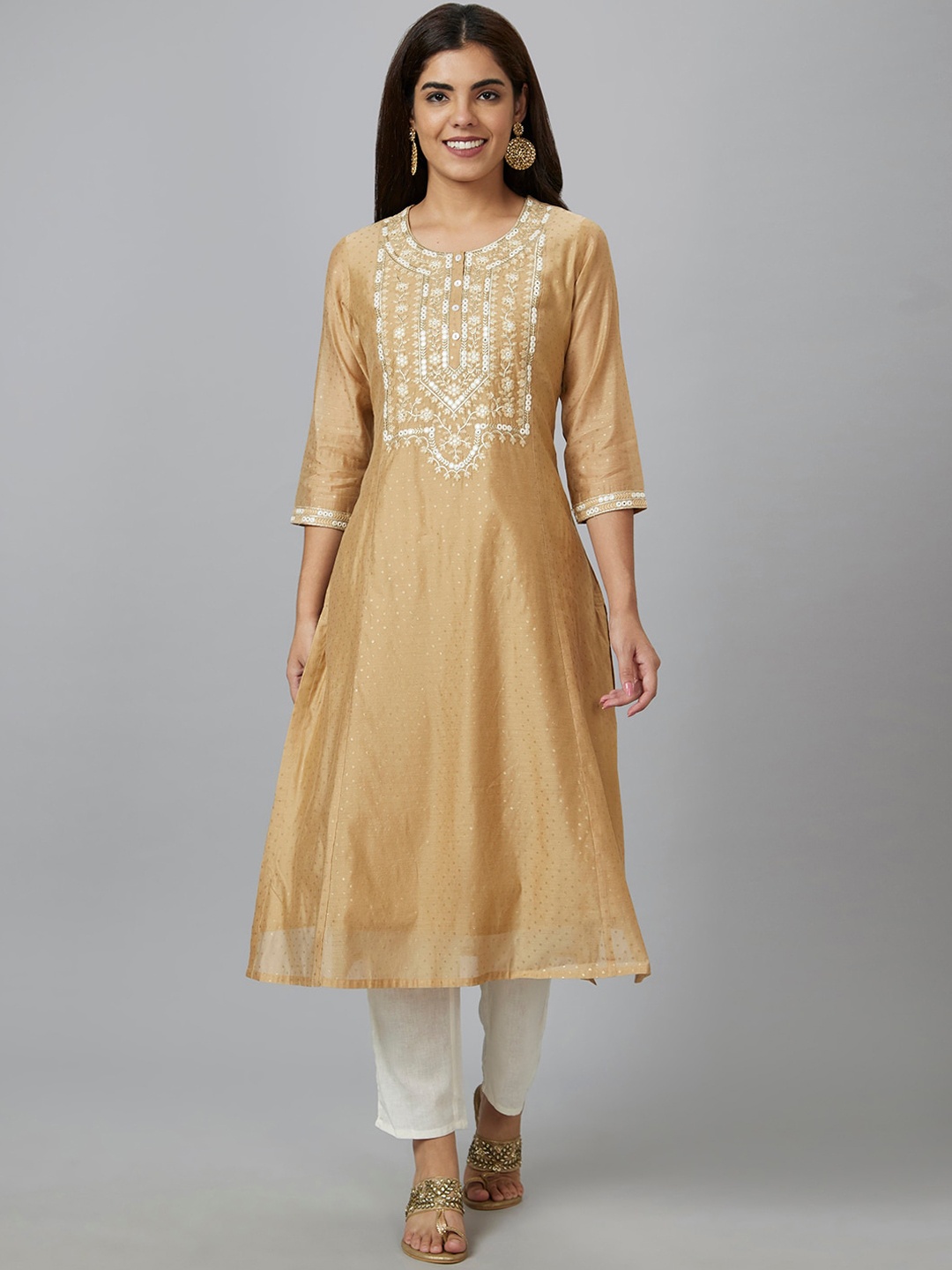 

Globus Beige & White Yoke Design Regular Mirror Work A-Line Kurta