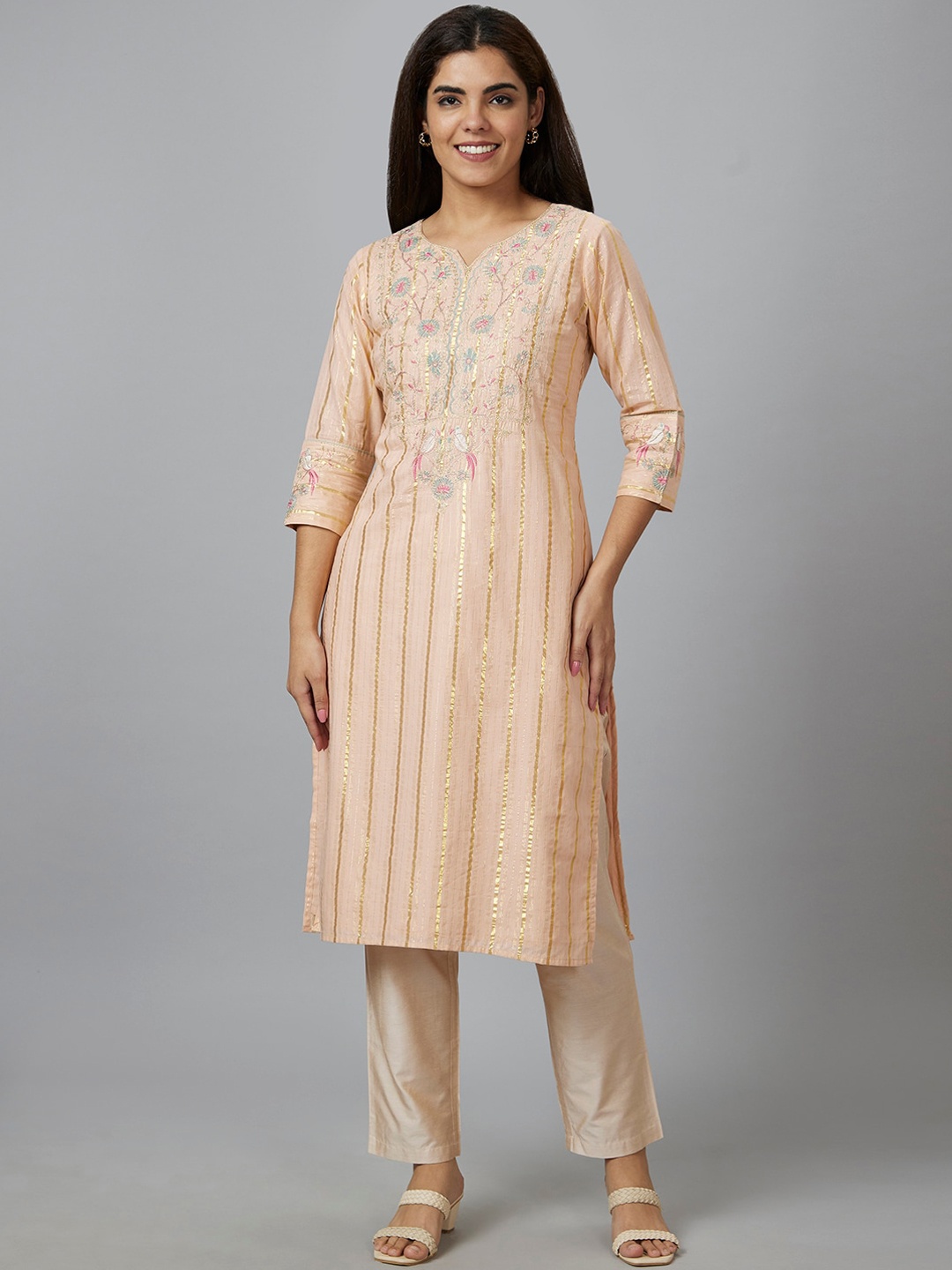 

Globus Peach & Pink Striped Round Neck Thread Work Pure Cotton Straight Kurta