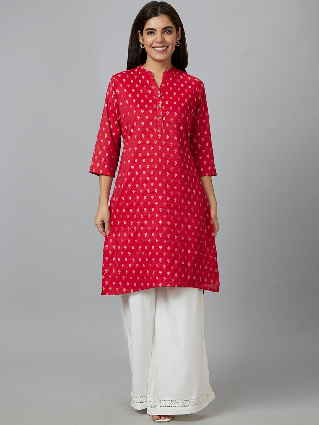 

Globus Red & White Ethnic Motifs Printed Kurta