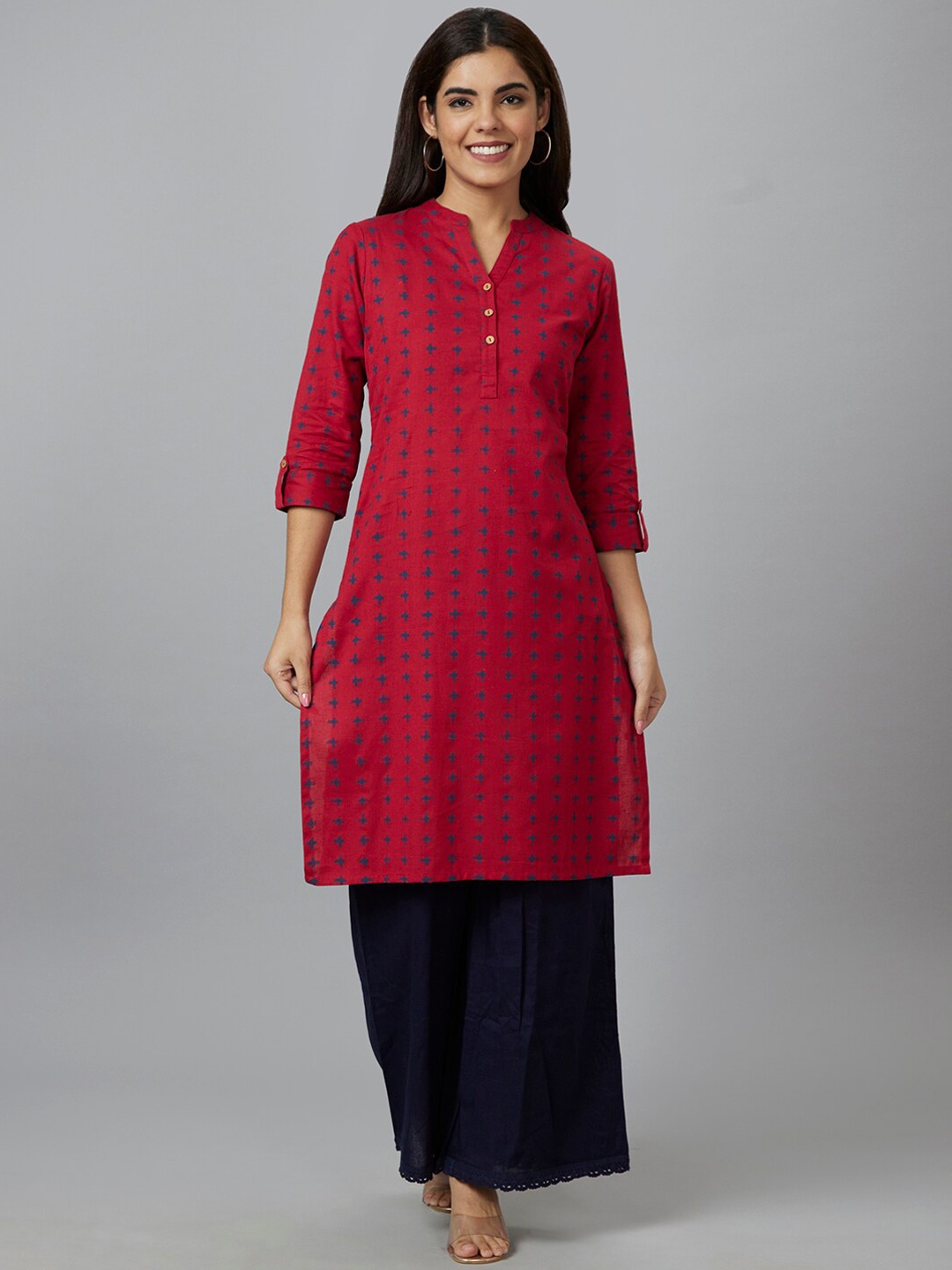 

Globus Red & Blue Geometric Printed Mandarin Collar Pure Cotton Kurta