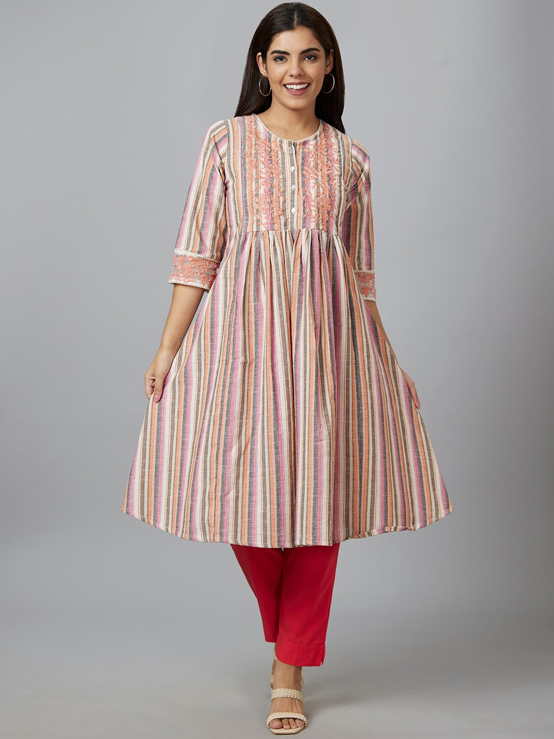 

Globus Pink & Grey Striped Round Neck Pure Cotton A-Line Kurta