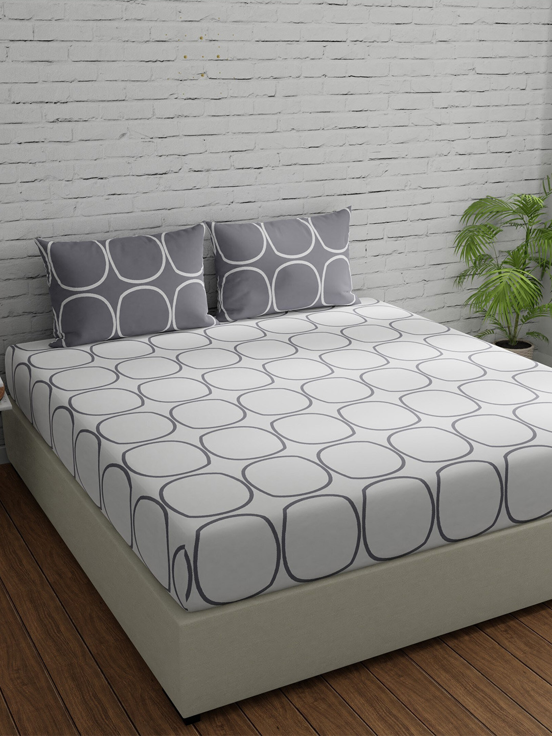 

Huesland Comfort White & Grey Printed 144 TC Cotton Queen Bedsheet & 2 Pillow Covers