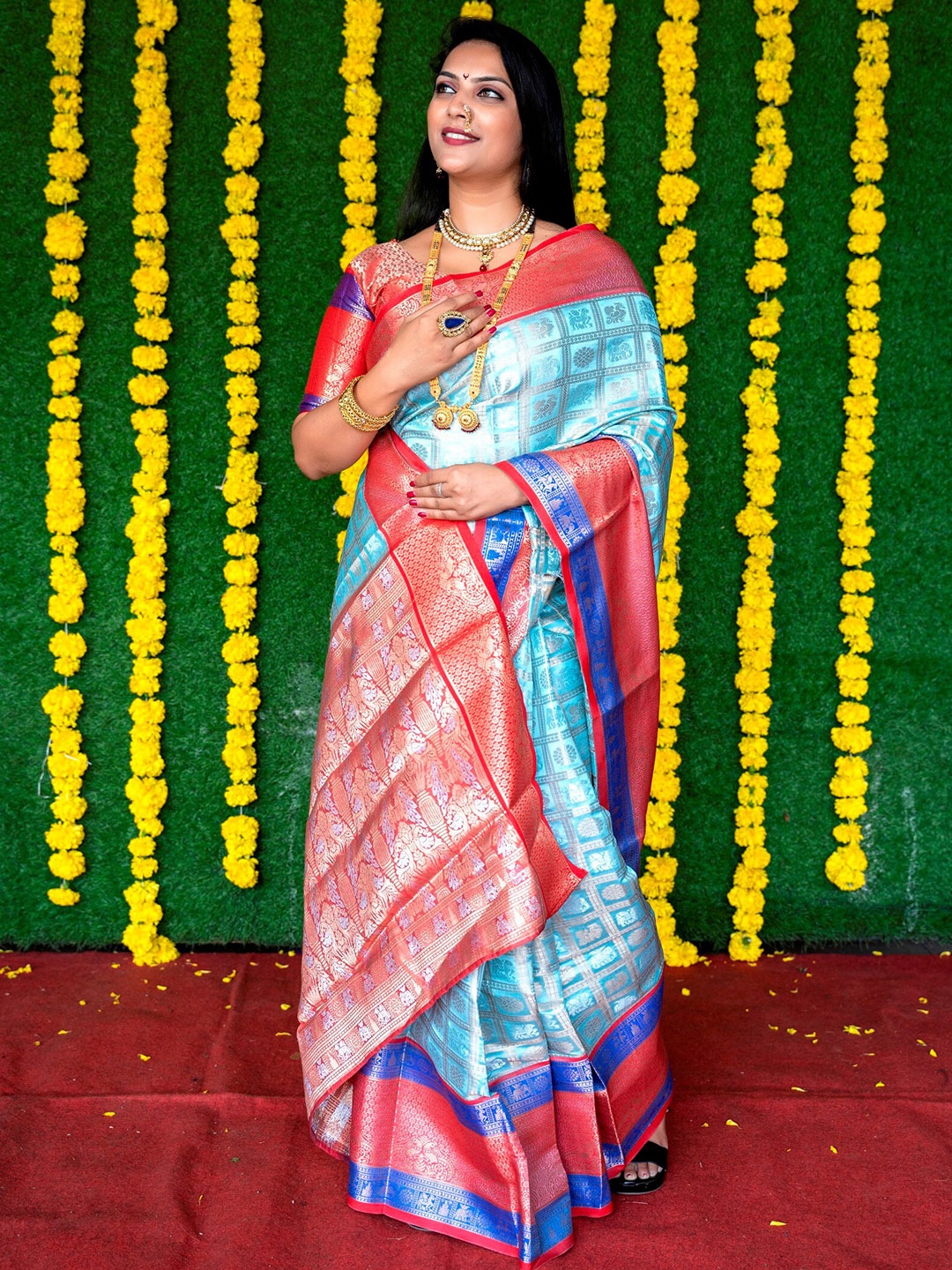 

AVANTIKA FASHION Ethinic Woven Design Zari Pure Silk Kanjeevaram Saree, Turquoise blue