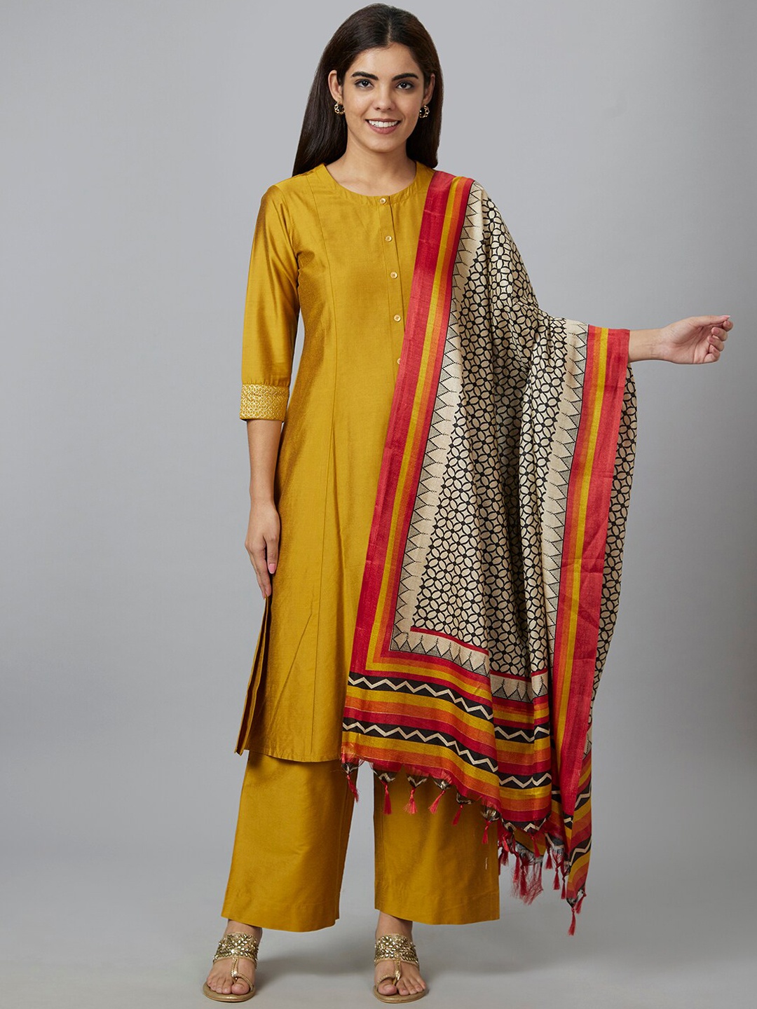 

Globus Mustard Yellow Panelled Kurta With Palazzos & Dupatta