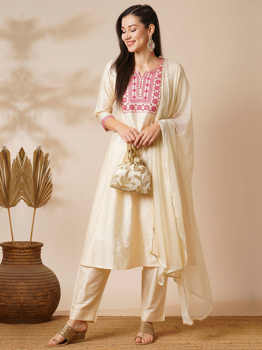 

Globus Embroidered Yoke Silver Foil Printed A-Line Kurta With Trousers & Dupatta, Off white