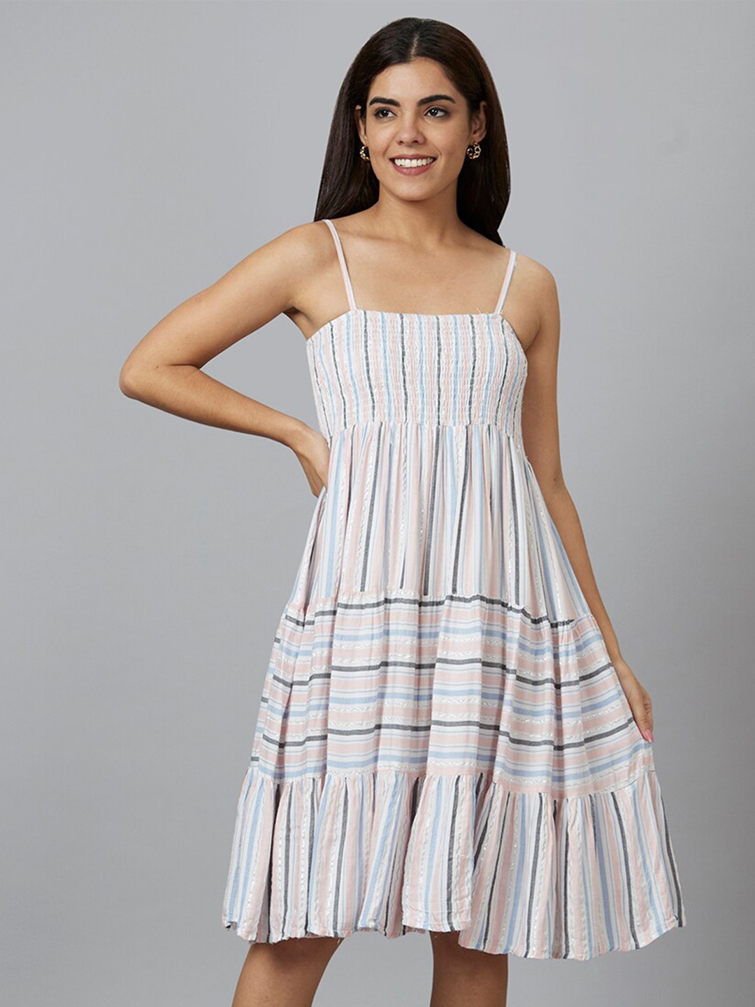 

Globus Shoulder Straps Striped A-Line Dress, White