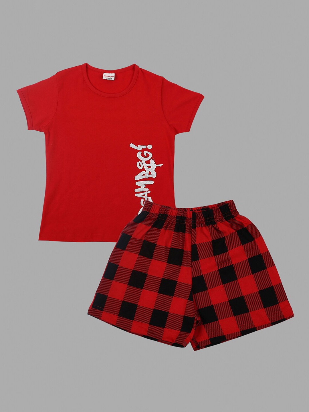 

RAINE AND JAINE Girls Checked Pure Cotton Night Suit, Red