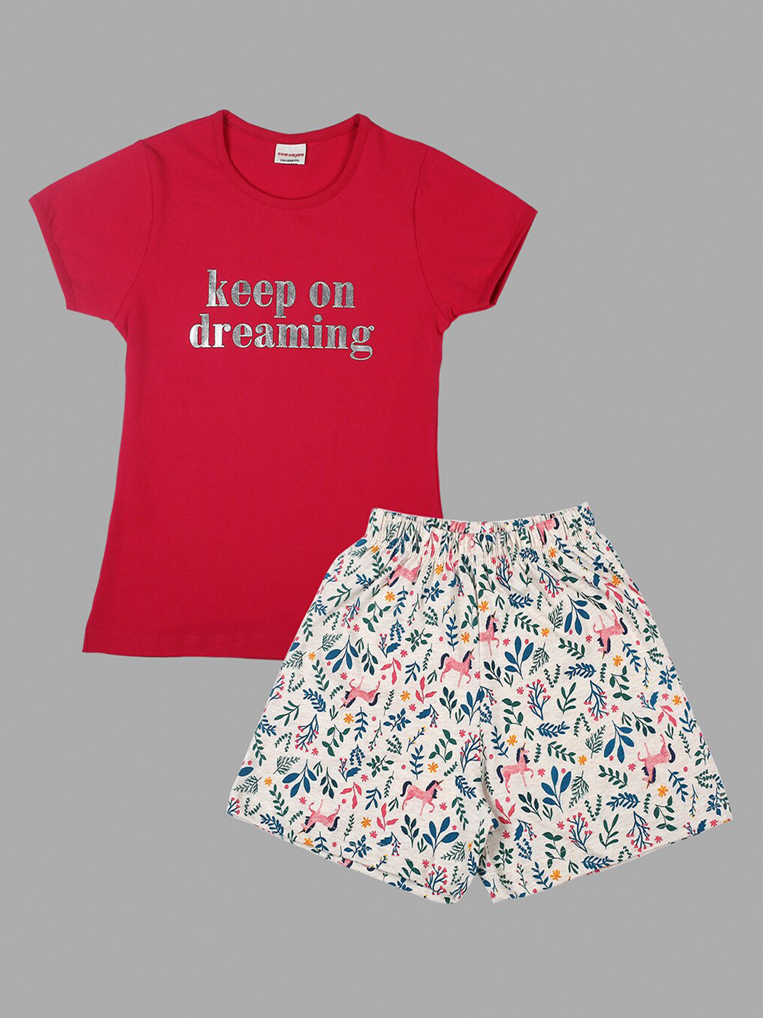 

RAINE AND JAINE Girls Typography Printed Pure Cotton Night Suit, Red