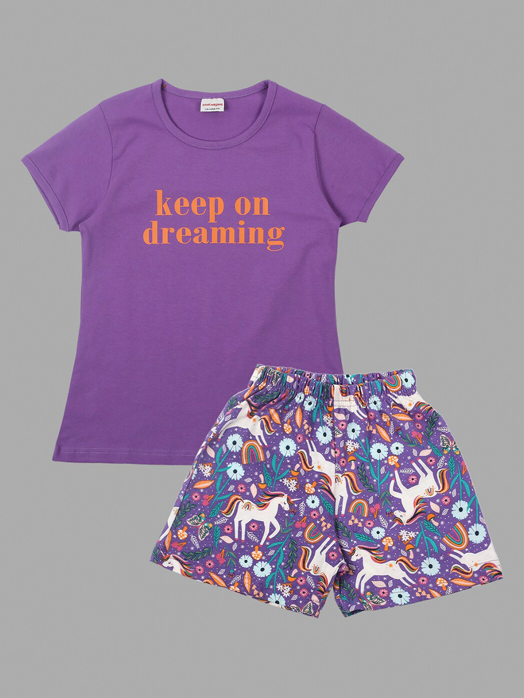 

RAINE AND JAINE Girls Conversational Printed Pure Cotton Night Suit, Purple